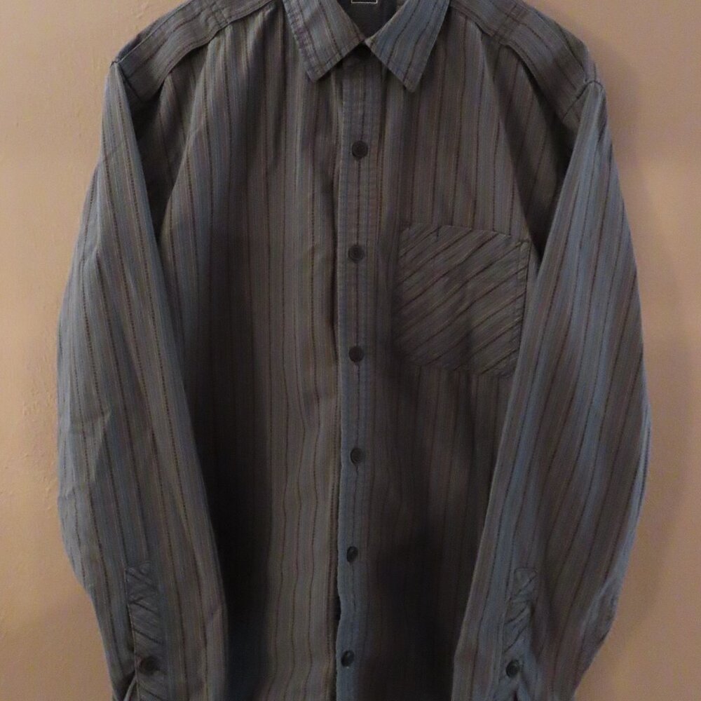 REI Mens Long Sleeve Shirt; Gry,Blk Blue Striped; Size M; Buttons